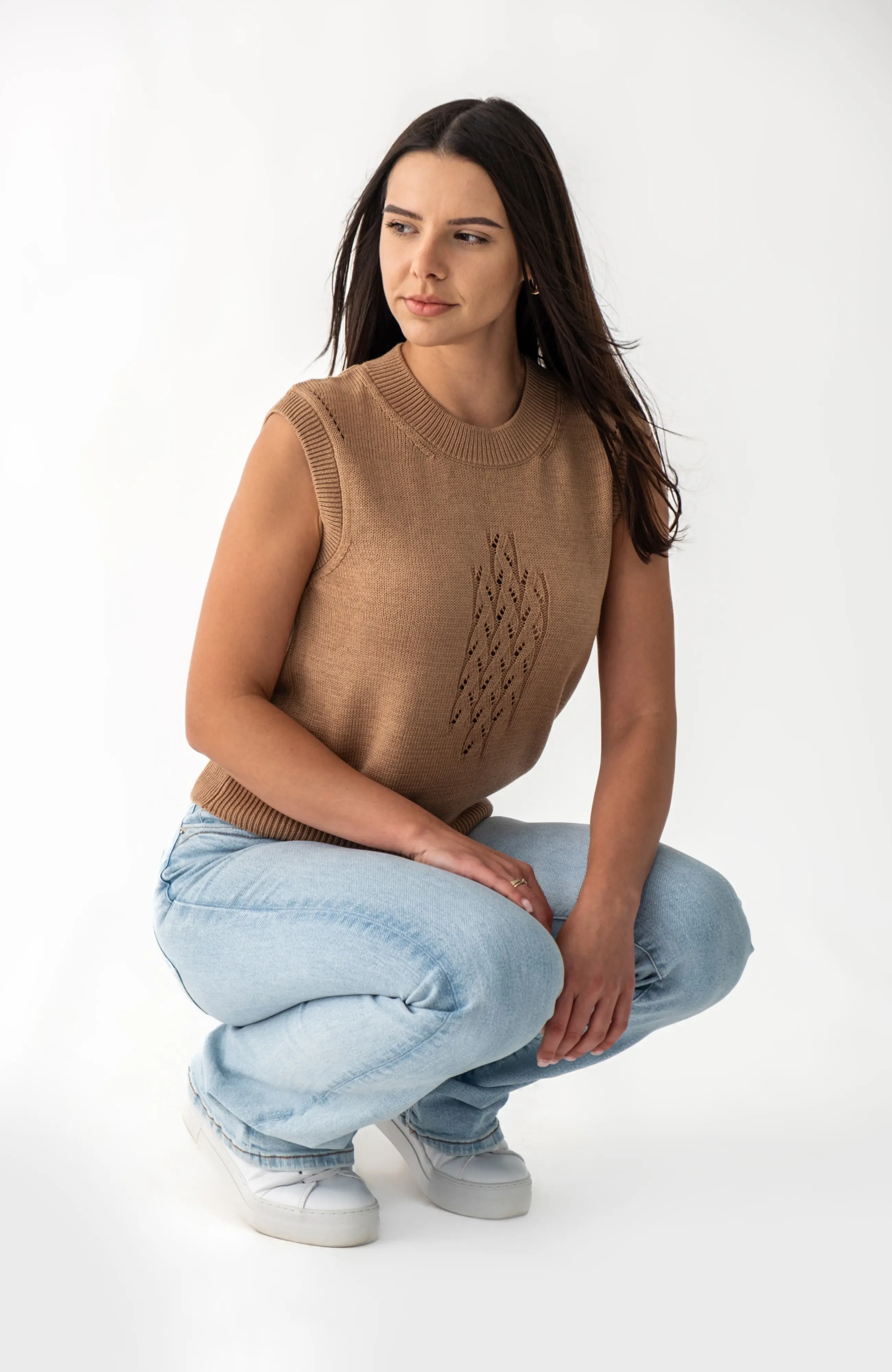 The Kate Sleeveless Sweater in Caramel – The Cotton Merino Capsule
