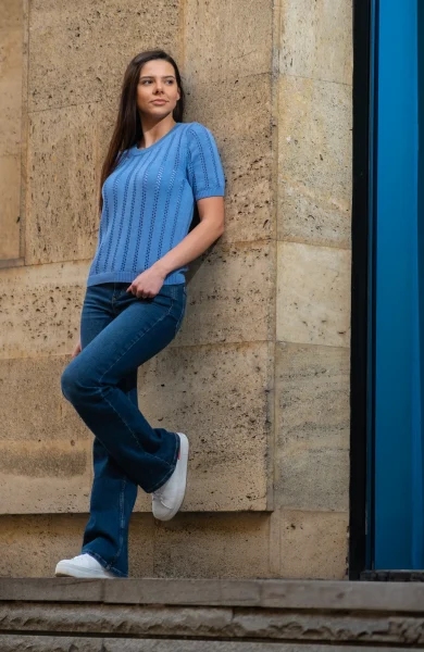 The Lina Tee in Azure Bloom – The Cotton Capsule (Full Body View)