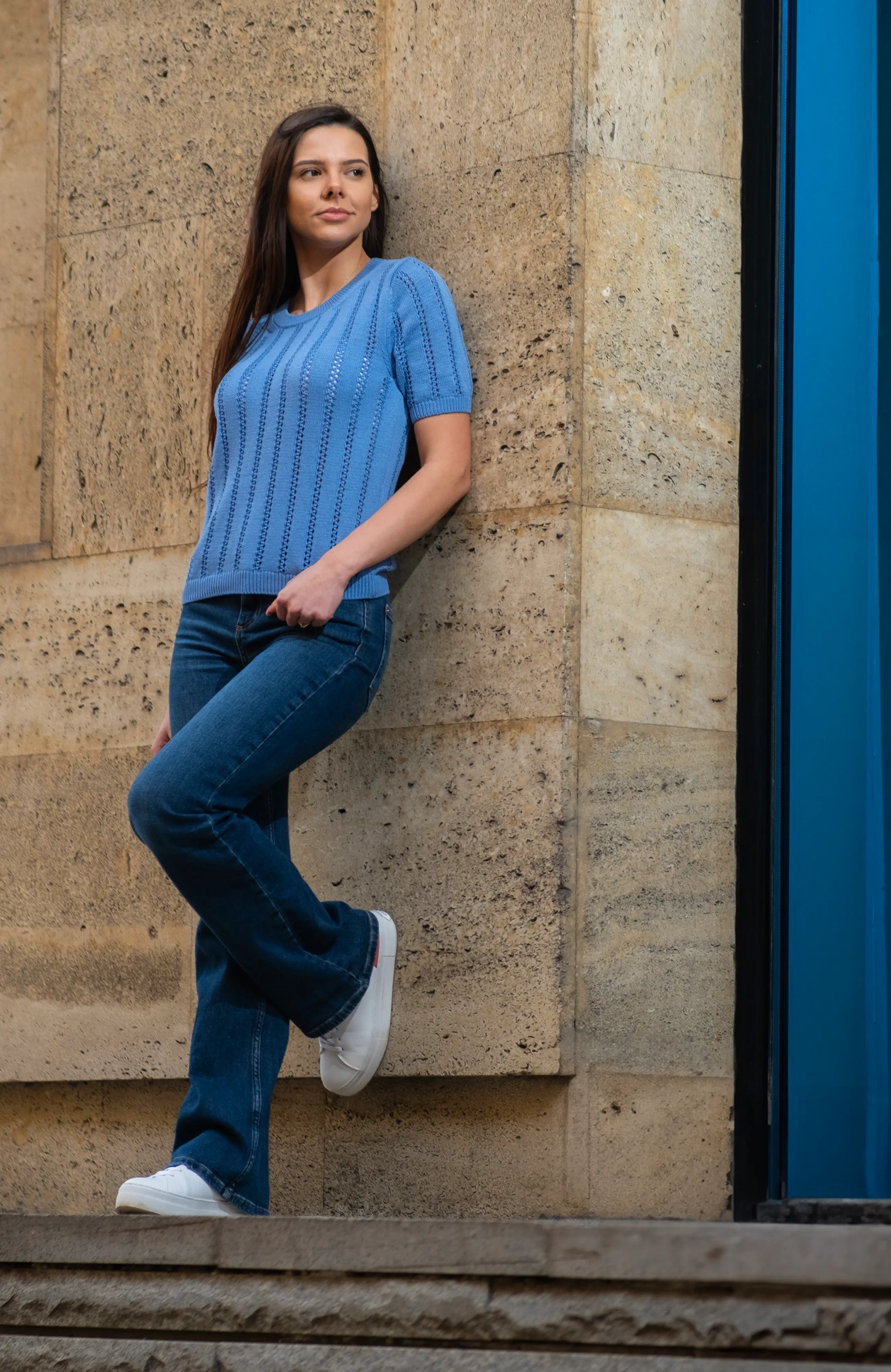 The Lina Tee in Azure Bloom – The Cotton Capsule (Full Body View)